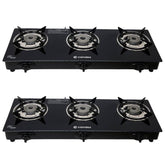Candes Glass Automatic Gas Stove 3 Burners With Premium Die Cast Alloy | Pack Of 2 | Tornado Burner | 6 mm Toughened Glass Top | Nylon Knob | LPG Compatible | ISI Certified | 1 Yr Warranty | Black
